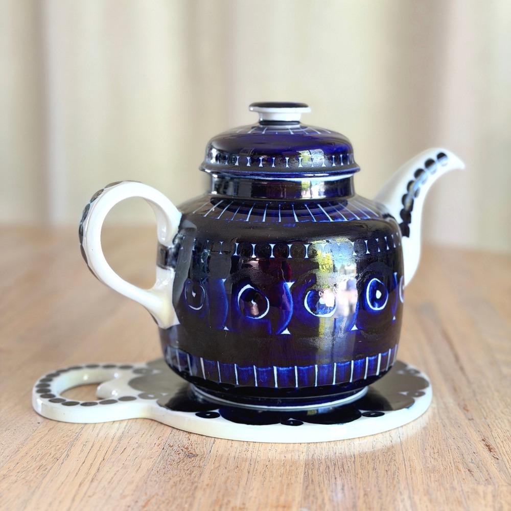 Vintage 60s Arabia Finland Valencia Teapot & Trivet Set Ulla Procope Cobalt Blue
